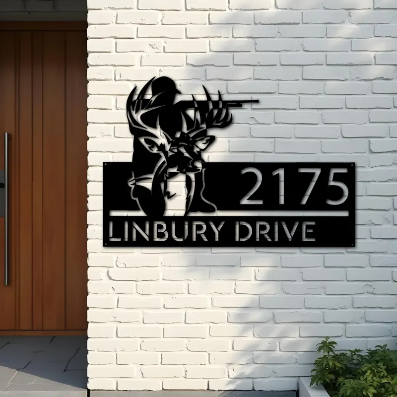 Custom Metal Deer hunter deer hunting Metal Address Sign, House number, Outdoor Number Signage, Yard Sign Address Plate