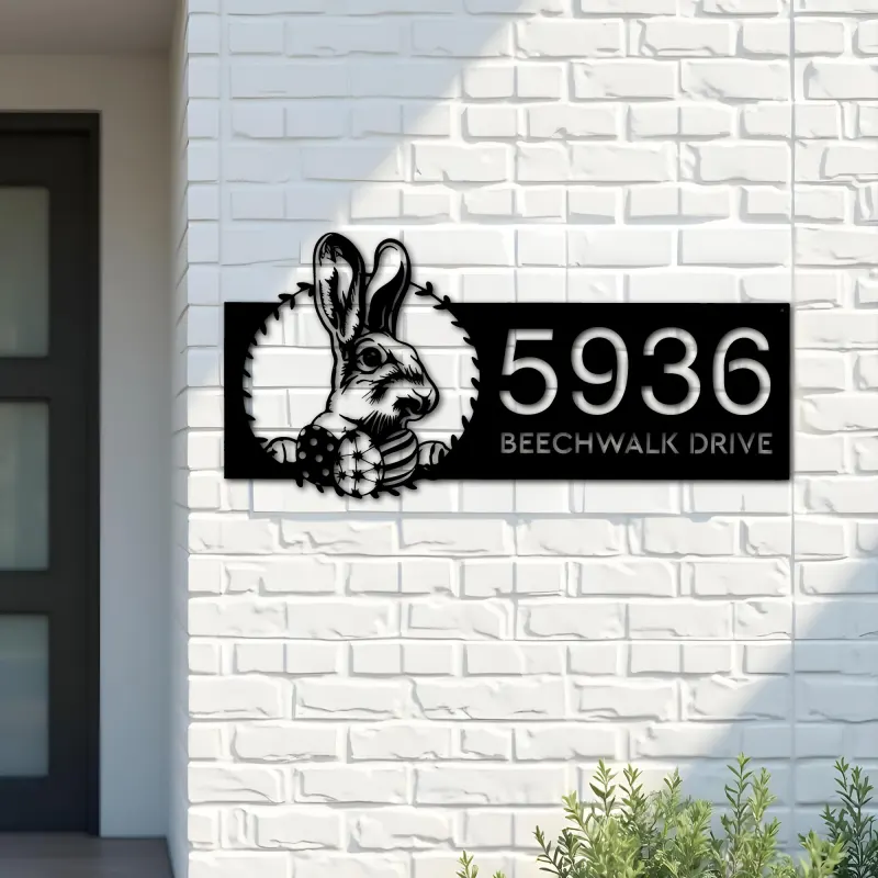 Custom Metal Rabbit bunny farmhouse Metal Address Sign House number Hanging Address Plaque Yard Sign Outdoor decor