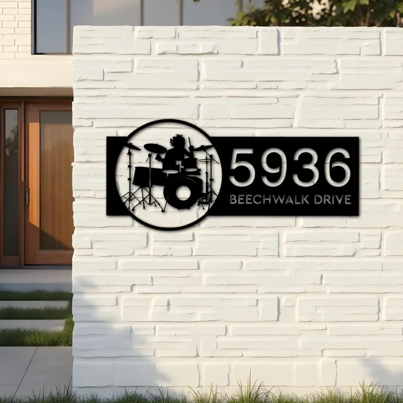 Custom Metal Drummer Drum player musician Metal Address Sign, House number, Outdoor Number Signage, Yard Sign Address Plate