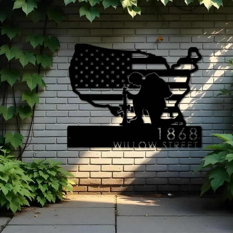 Custom Metal Soldier American Flag Patriotic Army Metal Address Sign, House number, Outdoor Number Signage, Yard Sign Address Plate