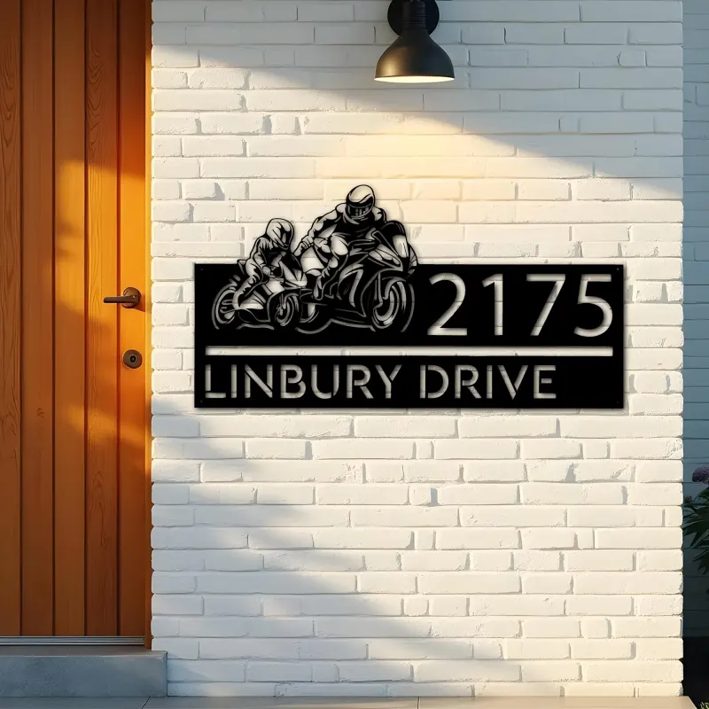 Custom Metal Father and son biker Metal Address Sign, House number, Outdoor Number Signage, Yard Sign Address Plate