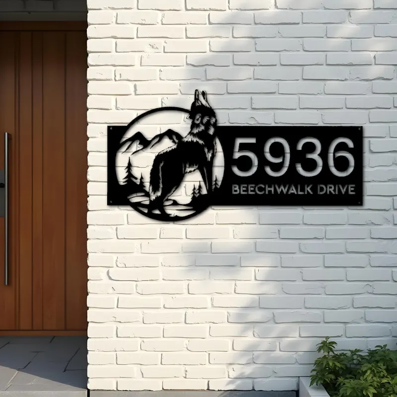 Custom Metal Wolf Mountain scene wild life Metal Address Sign, House number, Outdoor Number Signage, Yard Sign Address Plate
