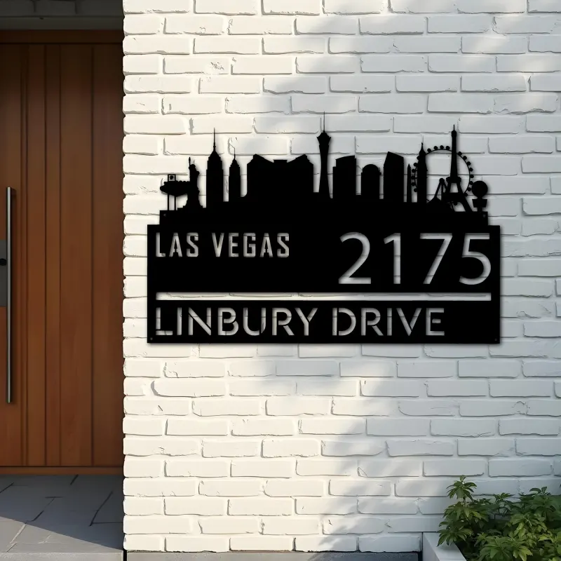 Custom Metal Las Vegas city skyline Metal Address Sign Hanging Address Plaque house number Yard Outdoor Sign