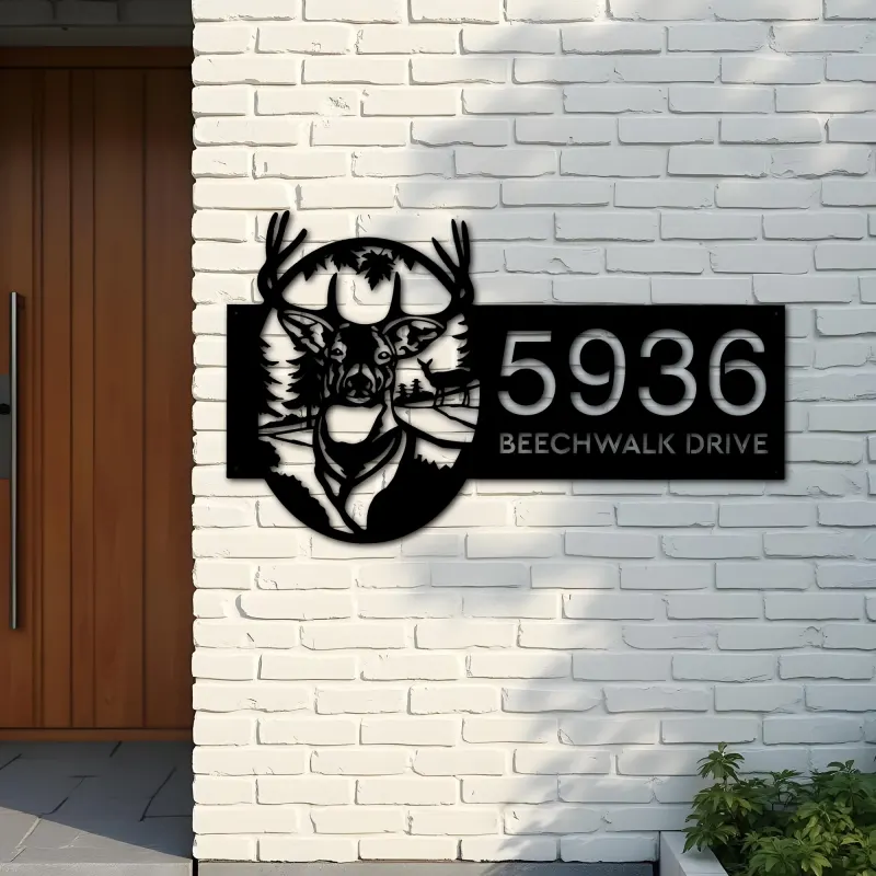 Custom Metal Deer forest wild life Metal Address Sign, House number, Outdoor Number Signage, Yard Sign Address Plate