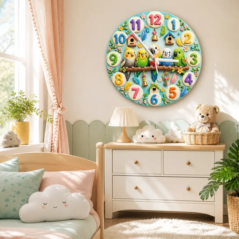 Whimsical Colorful Birds Kids Room Wall Clock