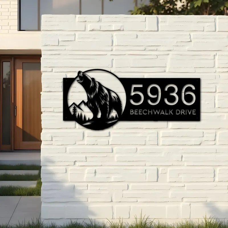 Custom Metal Grizzly bear Metal Address Sign, House number, Outdoor Number Signage, Yard Sign Address Plate002