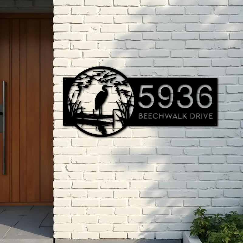 Custom Metal River scene stork Metal Address Sign, House number, Outdoor Number Signage, Yard Sign Address Plate