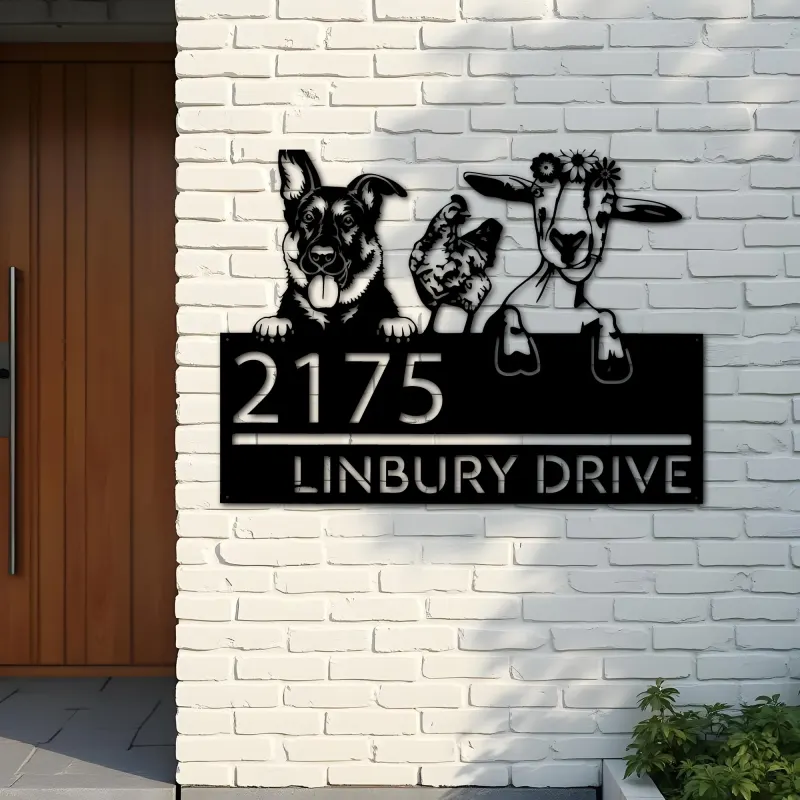 Custom Metal German shepherd chicken and goat Metal Address Sign, House number, Outdoor Number Signage, Yard Sign Address Plate