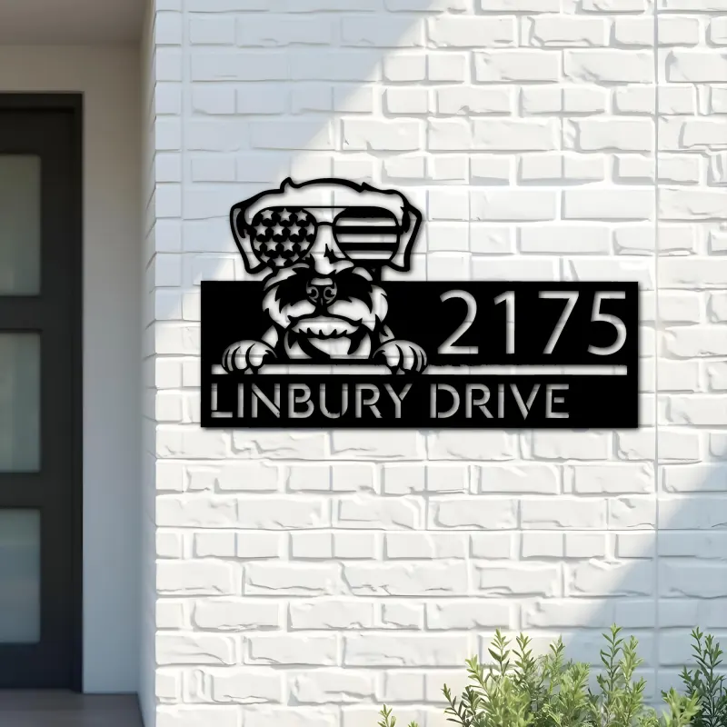 Custom Metal Schnauzer dog US flag glasses Metal Address Sign House number Hanging Address Plaque Yard Sign Outdoor decor
