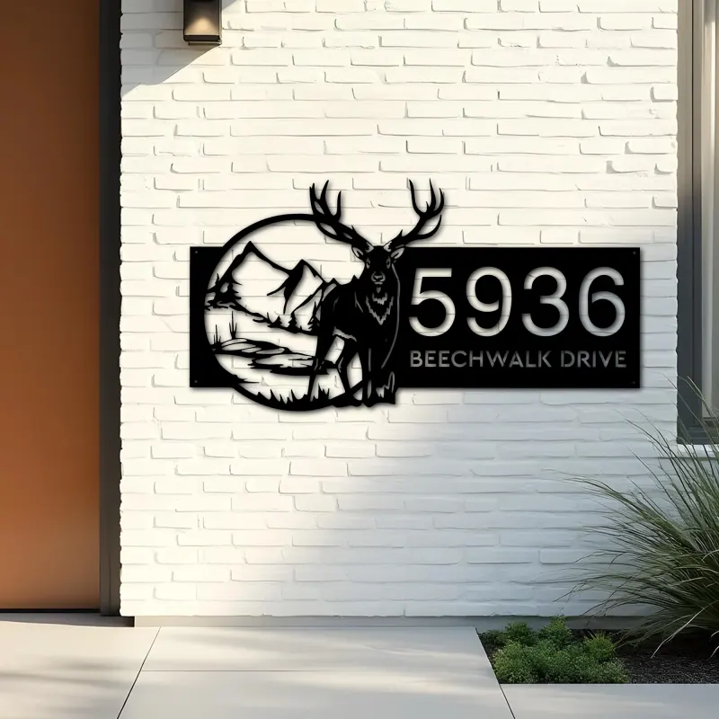 Custom Metal Deer mountain wild scene Metal Address Sign, House number, Outdoor Number Signage, Yard Sign Address Plate