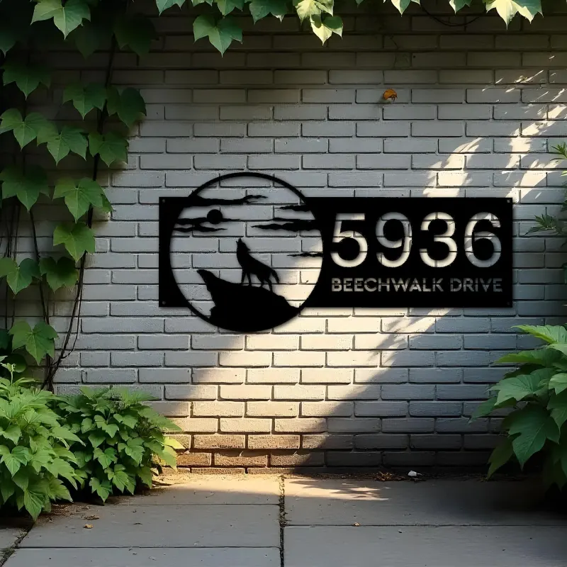 Custom Metal Wolf howling full moon wild animal Metal Address Sign, House number, Outdoor Number Signage, Yard Sign Address Plate
