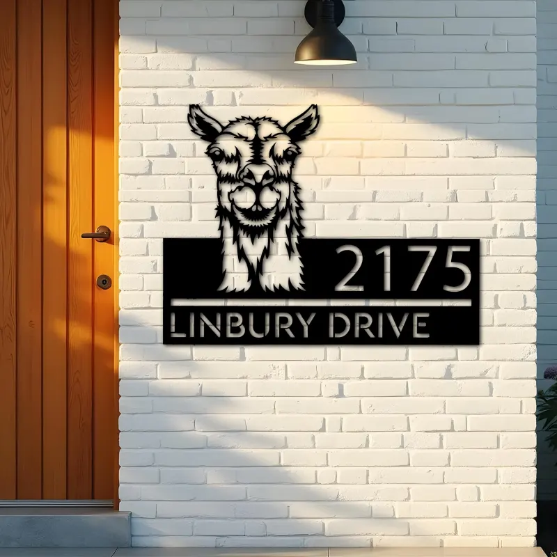 Custom Metal Peeking Llama farm animal ranch Metal Address Sign, House number, Outdoor Number Signage, Yard Sign Address Plate