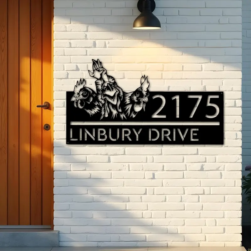 Custom Metal Chickens farmhouse ranch Metal Address Sign, House number, Outdoor Number Signage, Yard Sign Address Plate