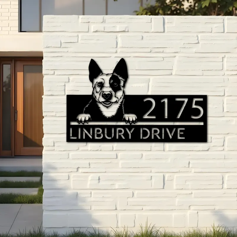 Custom Metal Australian Cattle dog Puppy Metal Address Sign House number Hanging Address Plaque Yard Sign Outdoor decor