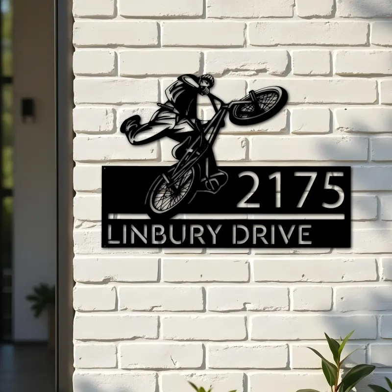 Custom Metal BMX Bicycle freestyle Metal Address Sign, House number, Outdoor Number Signage, Yard Sign Address Plate