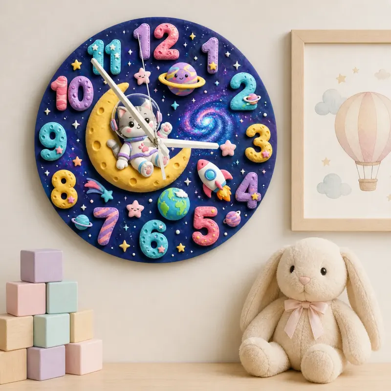 Astronaut Cat Galaxy Kids Room Wall Clock