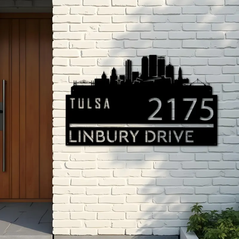 Custom Metal Tulsa city skyline Metal Address Sign Hanging Address Plaque house number Yard Outdoor Sign