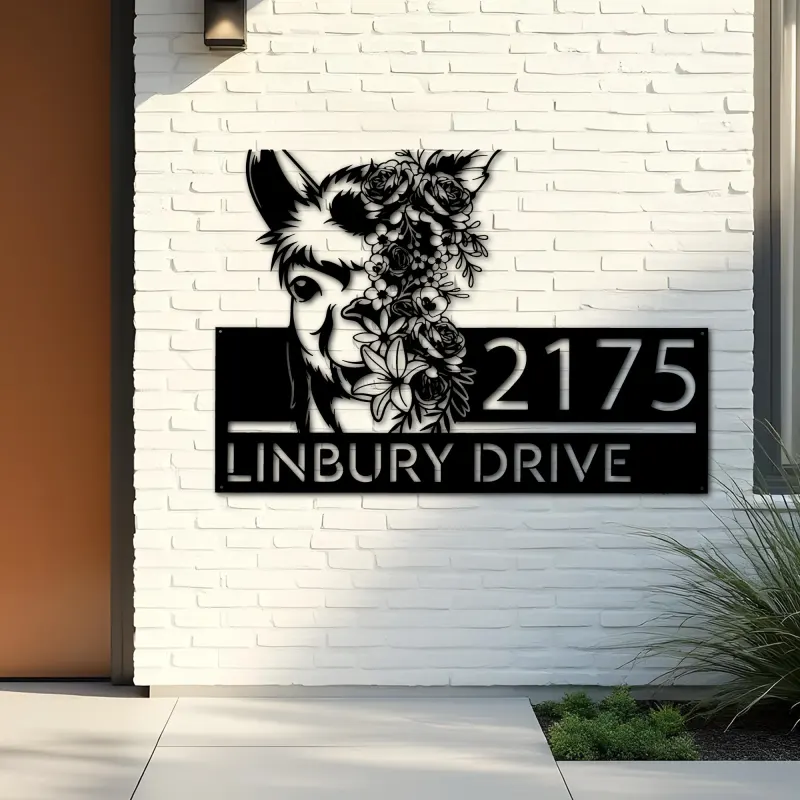 Custom Metal Floral Llama animal Metal Address Sign, House number, Outdoor Number Signage, Yard Sign Address Plate