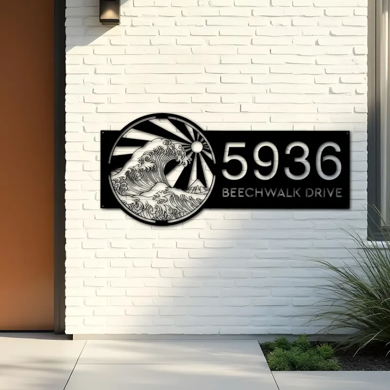 Custom Metal Japan Water Ocean Wave scene Metal Address Sign, House number, Outdoor Number Signage, Yard Sign Address Plate