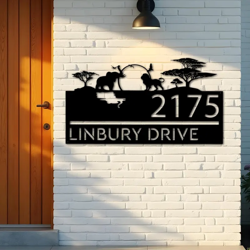 Custom Metal Safari scene african wild life Metal Address Sign, House number, Outdoor Number Signage, Yard Sign Address Plate