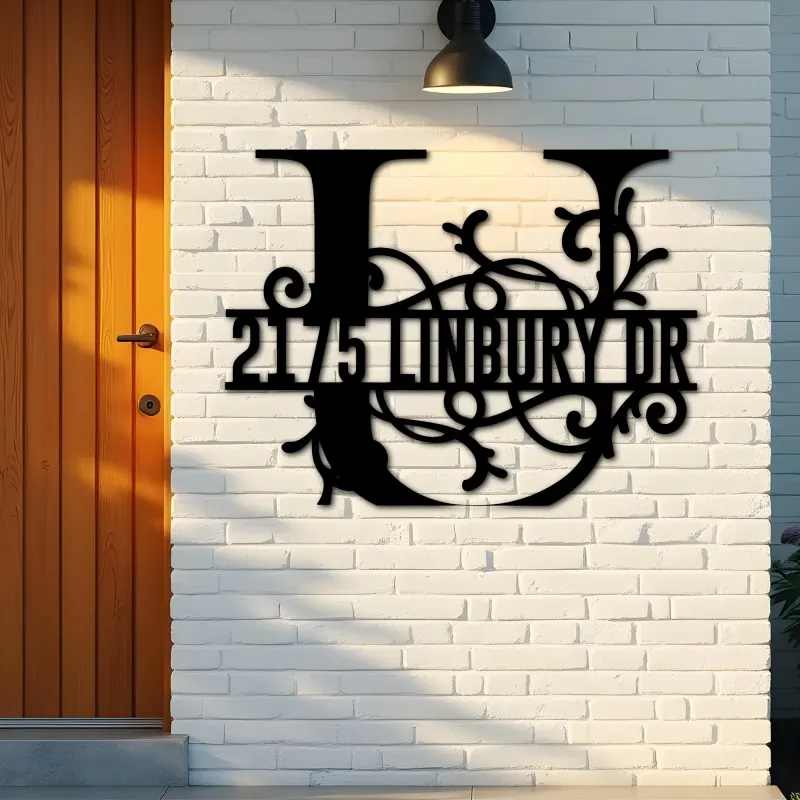 Custom Metal Floral Monogram Split Letter U Metal Address Sign House number Hanging Address Plaque Yard Sign Outdoor decor