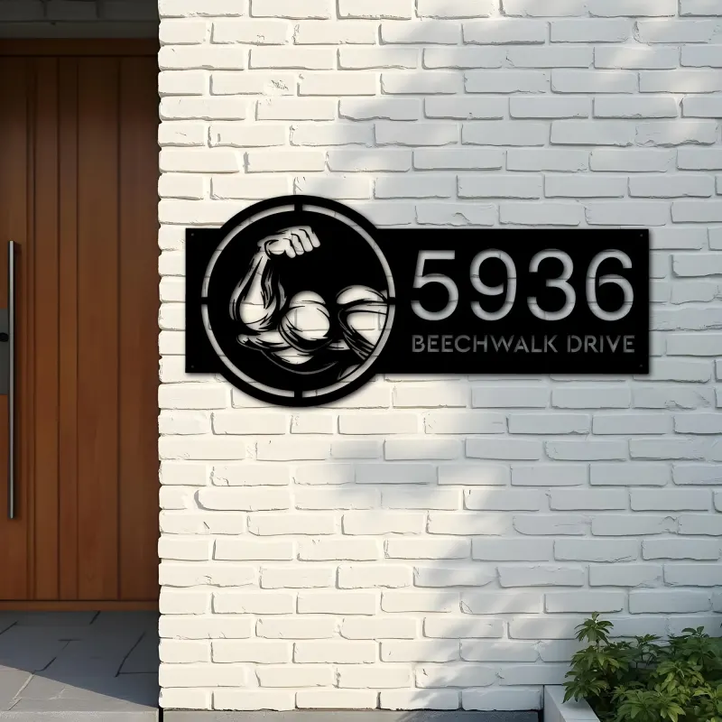 Custom Metal Bicep Muscle Gym bodybuilding Metal Address Sign, House number, Outdoor Number Signage, Yard Sign Address Plate
