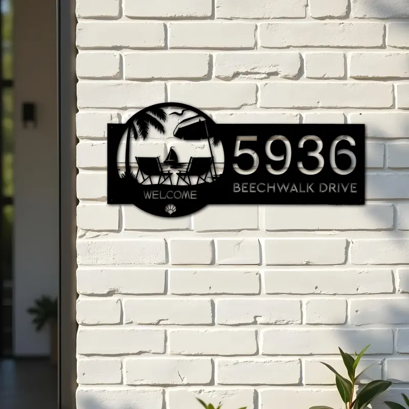 Custom Metal Palm Beach scene Metal Address Sign, House number, Outdoor Number Signage, Yard Sign Address Plate