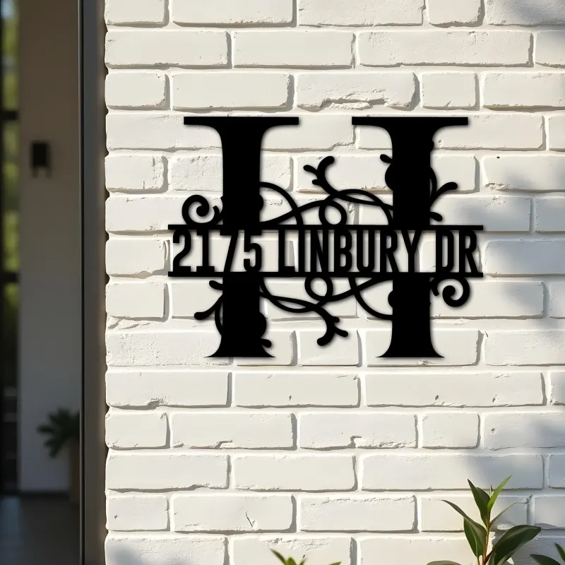 Custom Metal Floral Monogram Split Letter H Metal Address Sign House number Hanging Address Plaque Yard Sign Outdoor decor