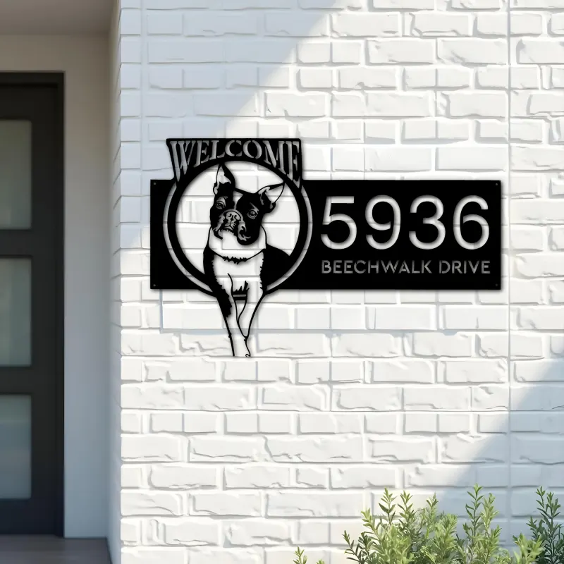 Custom Metal Boston Terrier dog welcome Metal Address Sign, House number, Outdoor Number Signage, Yard Sign Address Plate