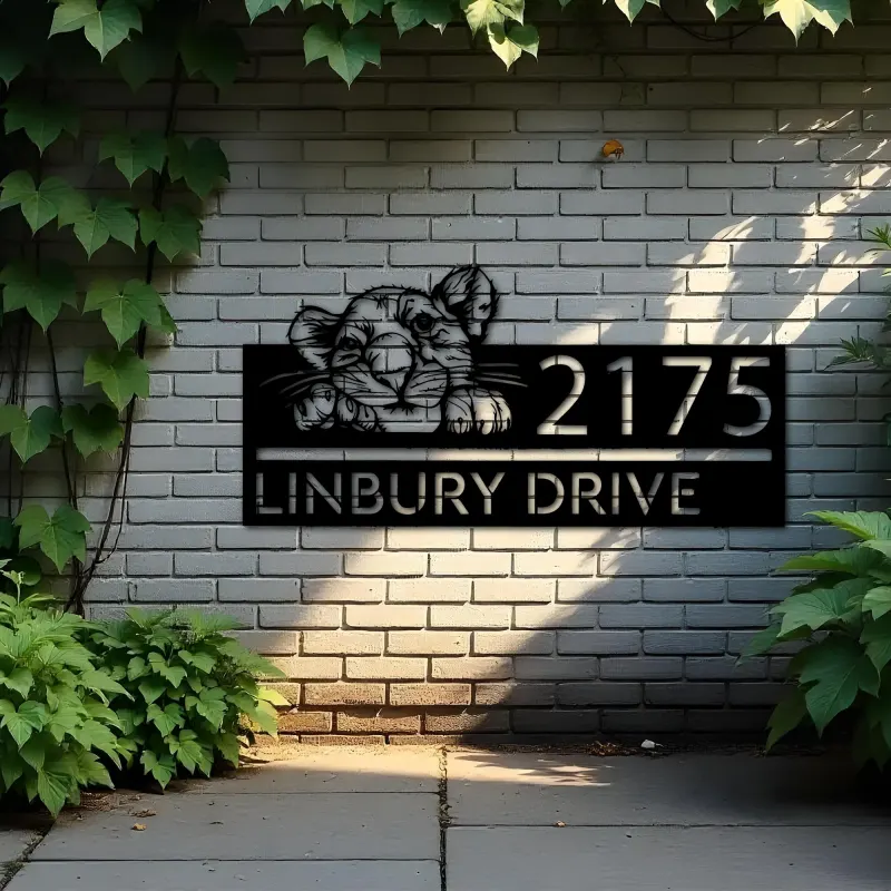 Custom Metal Peeking Lion Cub Wild animal wildlife Metal Address Sign, House number, Outdoor Number Signage, Yard Sign Address Plate