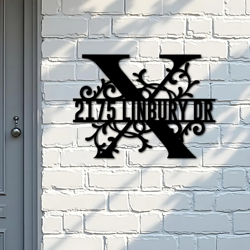 Custom Metal Floral Monogram Split Letter X Metal Address Sign House number Hanging Address Plaque Yard Sign Outdoor decor