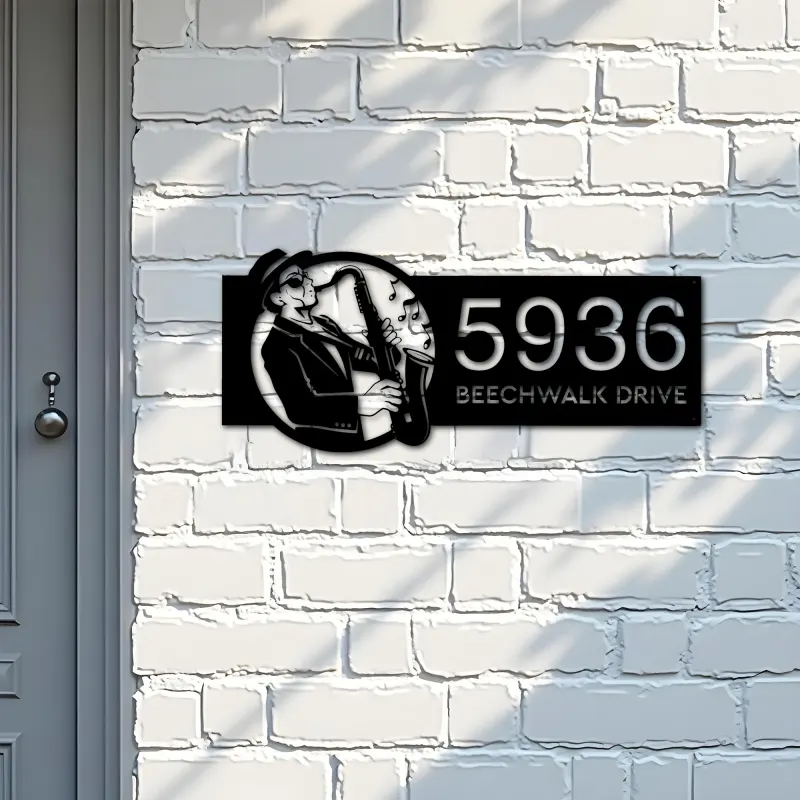 Custom Metal Saxophone player musician Metal Address Sign Custom House number Hanging Address Plaque Yard Sign Outdoor Sign