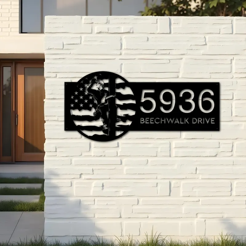 Custom Metal Lineman on a pole US flag Metal Address Sign, House number, Outdoor Number Signage, Yard Sign Address Plate