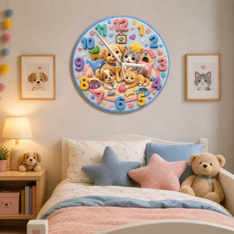 Cute Puppies and Kittens Kids Room Wall Clock