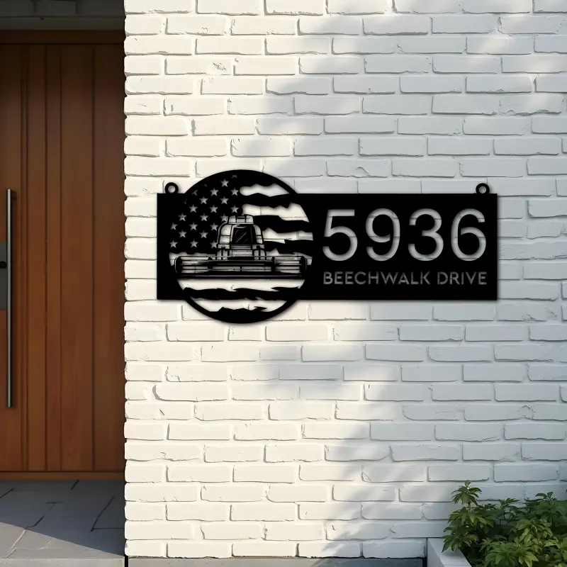Custom Metal Farm combine harvester US flag Metal Address Sign Custom House number Hanging Address Plaque Yard Sign Outdoor