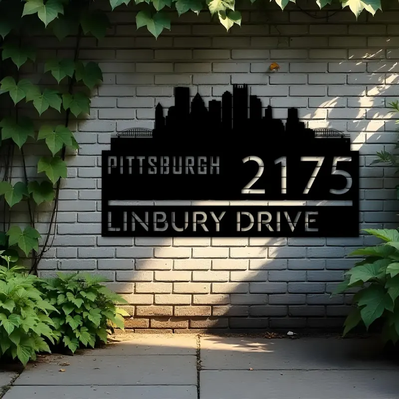Custom Metal Pittsburgh city skyline Metal Address Sign Hanging Address Plaque house number Yard Outdoor Sign