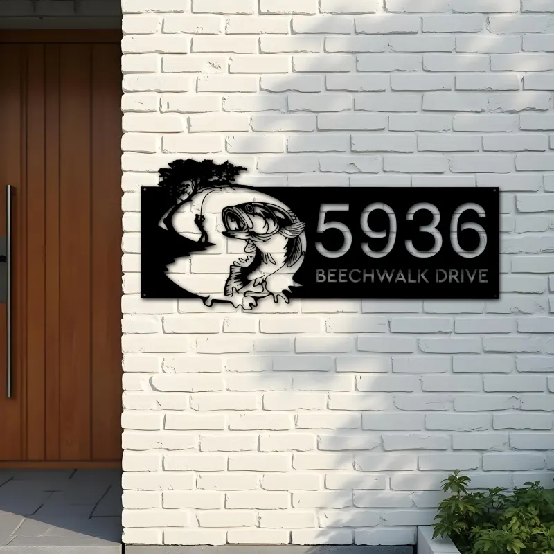Custom Metal Bass fishing fisherman Metal Address Sign, House number, Outdoor Number Signage, Yard Sign Address Plate001