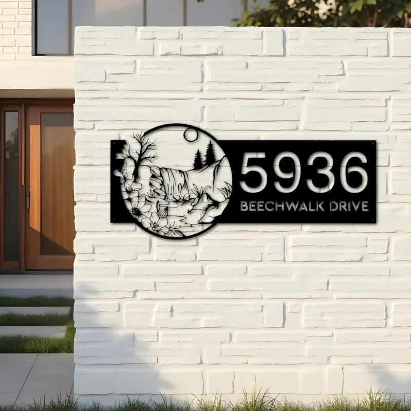 Custom Metal Water fall Nature scene Metal Address Sign House number Hanging Address Plaque Yard Sign Outdoor