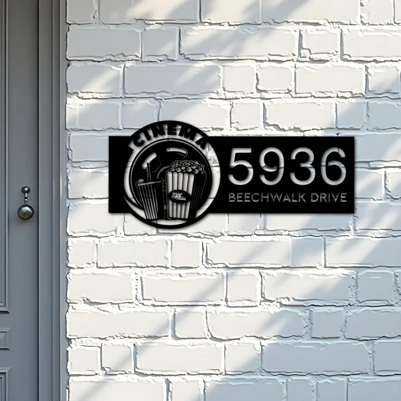 Custom Metal Cinema popcorn movie lover Metal Address Sign Custom House number Hanging Address Plaque Yard Sign Outdoor