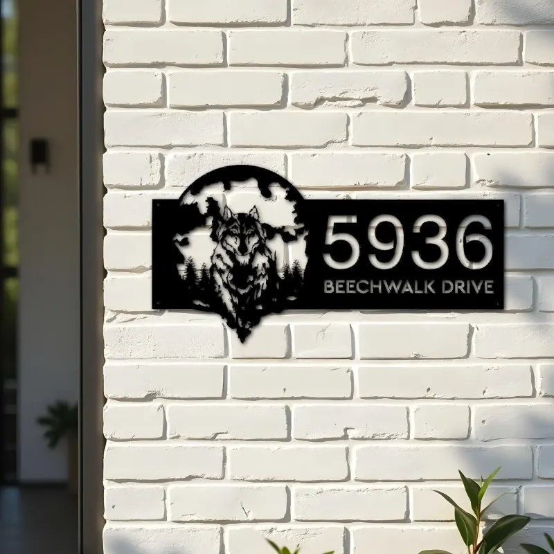 Custom Metal Wolf on full moon Metal Address Sign, House number, Outdoor Number Signage, Yard Sign Address Plate
