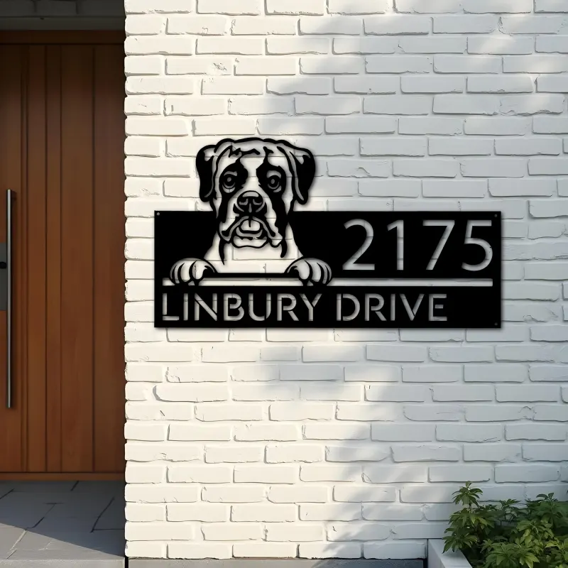 Custom Metal Boxer dog cute puppy Metal Address Sign House number Hanging Address Plaque Yard Sign Outdoor decor