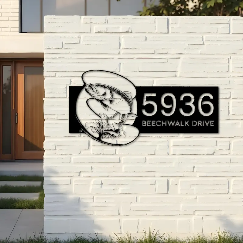 Custom Metal Trout fishing rod bait hook Metal Address Sign, House number, Outdoor Number Signage, Yard Sign Address Plate