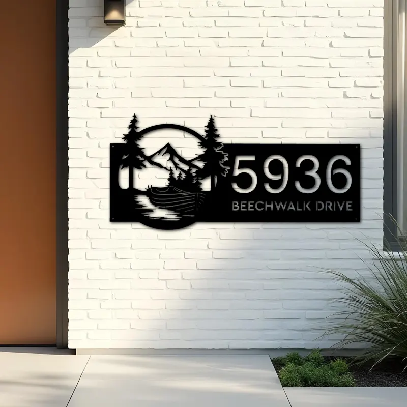 Custom Metal Boat on River Mountain Forest Wild Scene Metal Address Sign House Number Hanging Address Plaque Yard Sign Outdoor Sign
