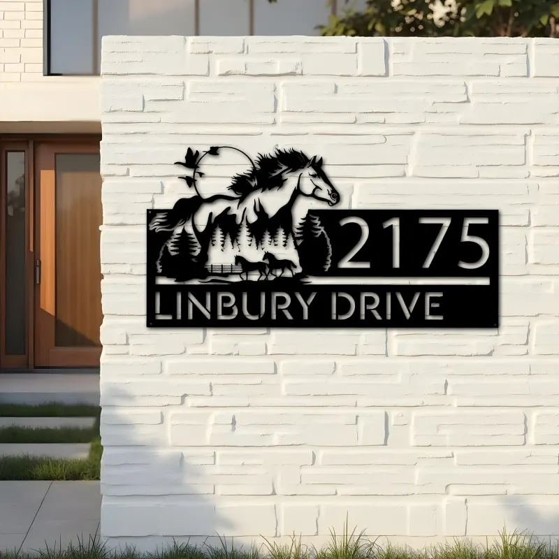 Custom Metal Running horse mountain forest scene Metal Address Sign, House number, Outdoor Number Signage, Yard Sign Address Plate