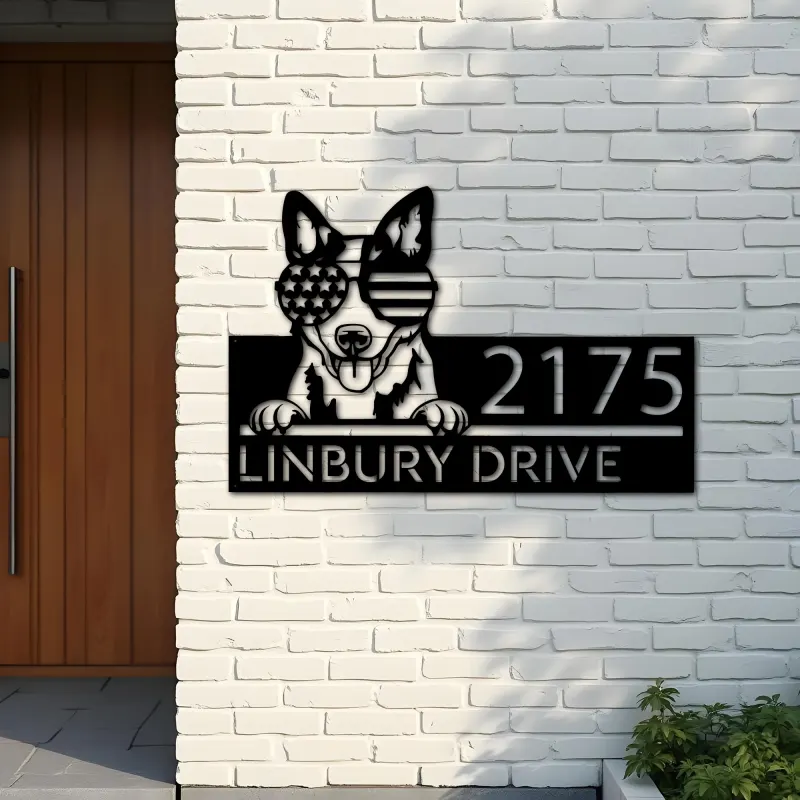 Custom Metal Blue heeler dog US flag glasses Metal Address Sign House number Hanging Address Plaque Yard Sign Outdoor decor