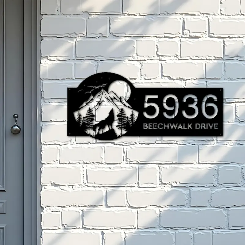 Custom Metal Wolf howling on full moon Metal Address Sign, House number, Outdoor Number Signage, Yard Sign Address Plate002