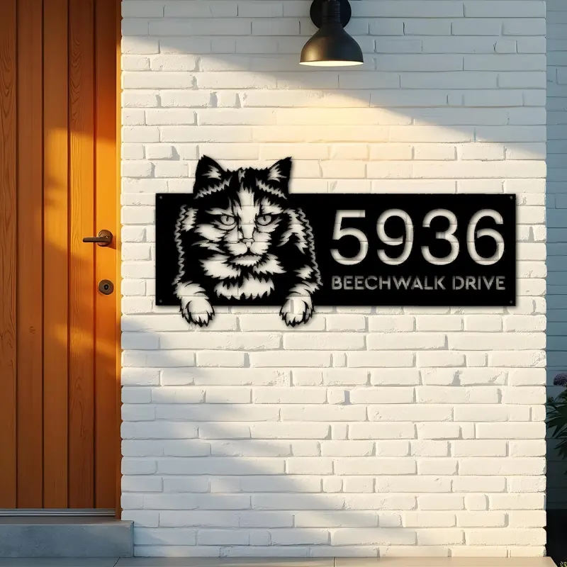 Custom Metal Tortoiseshell Cute peeking cat Metal Address Sign, House number, Outdoor Number Signage, Yard Sign Address Plate