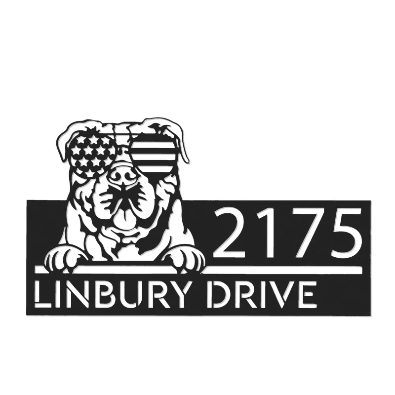 Custom Metal Continental Bulldog dog US glasses Metal Address Sign House number Hanging Address Plaque Yard Sign Outdoor decor