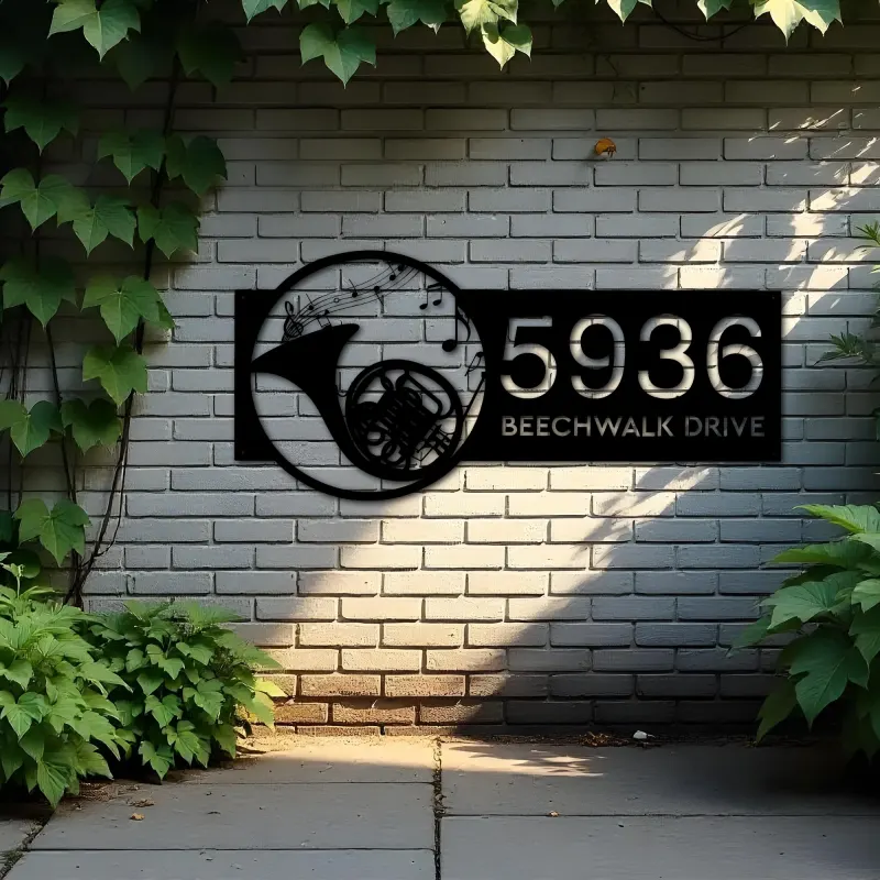 Custom Metal French horn musical instrument Metal Address Sign Custom House number Hanging Address Plaque Yard Sign Outdoor