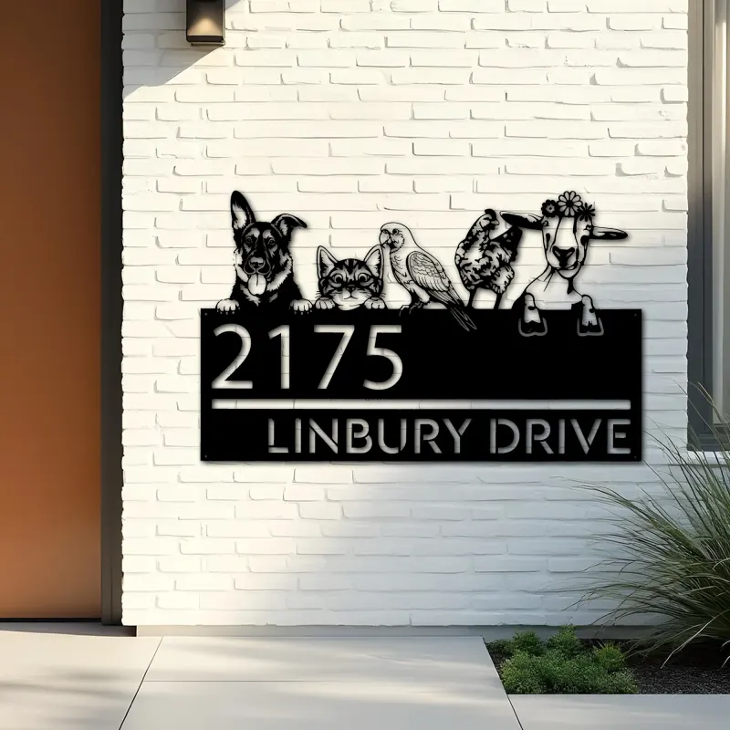 Custom Metal German shepherd cat parrot chicken and goat Metal Address Sign, House number, Outdoor Number Signage, Yard Sign Address Plate